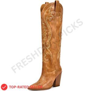 Brand New ISNOM Boots Brown Cowboy Embroidered